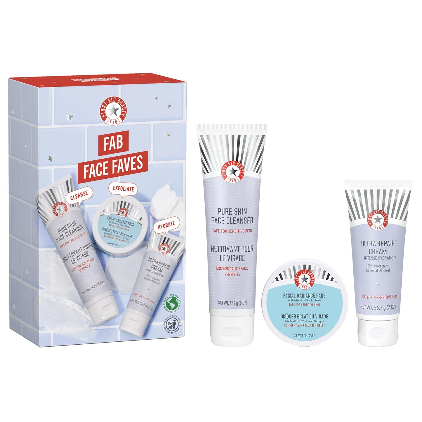 First Aid Beauty Face Faves Kit - Skin Care Gift Set with Facial Cleanser, Exfoliating Face Pads & Ultra Repair Cream - Travel Friendly Skincare Set