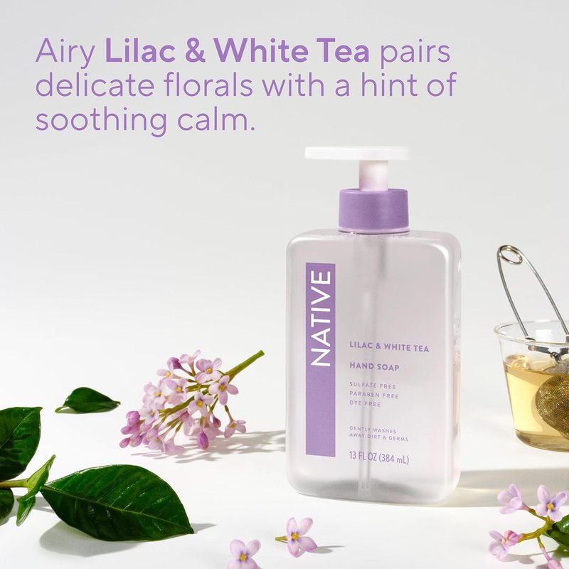 Liquid Hand Soap - Lilac & White Tea Scent | Non-Drying, Plant-Based Formula, 13 oz Bottle
