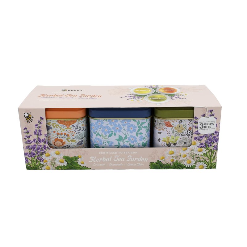 BUZZY Seeds Herbal Tea Garden Grow Kit – 3 Square Tin Planters with Lavender, Chamomile & Lemon Balm Seeds, Easy Indoor Herb Starter, Relaxing Gardening Gift Set