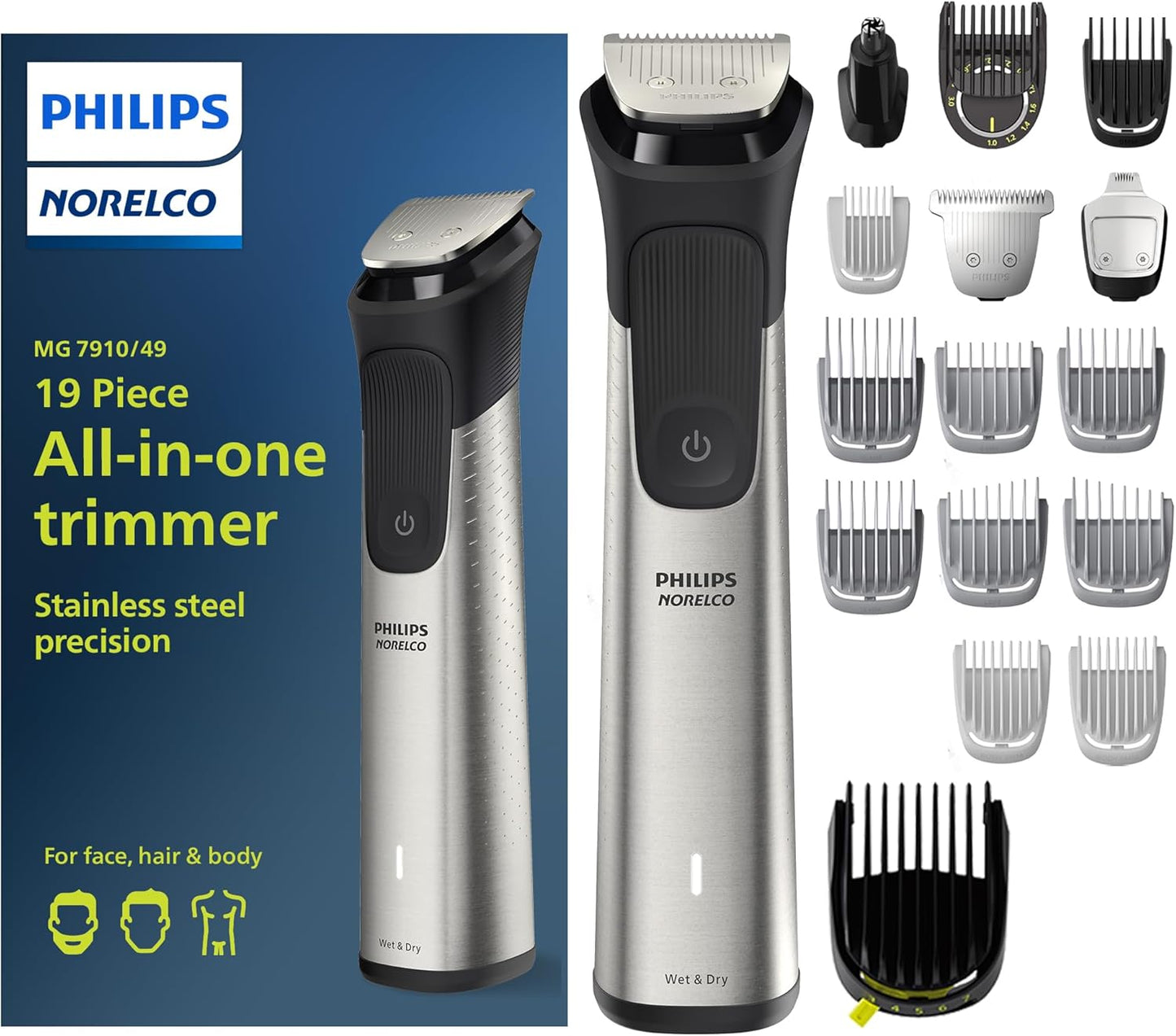 Philips Multigroom 7000 Series - All-in-One Beard Trimmer & Hair Clipper | 19-Piece Men's Grooming Kit with Soft Pouch, MG7910/49