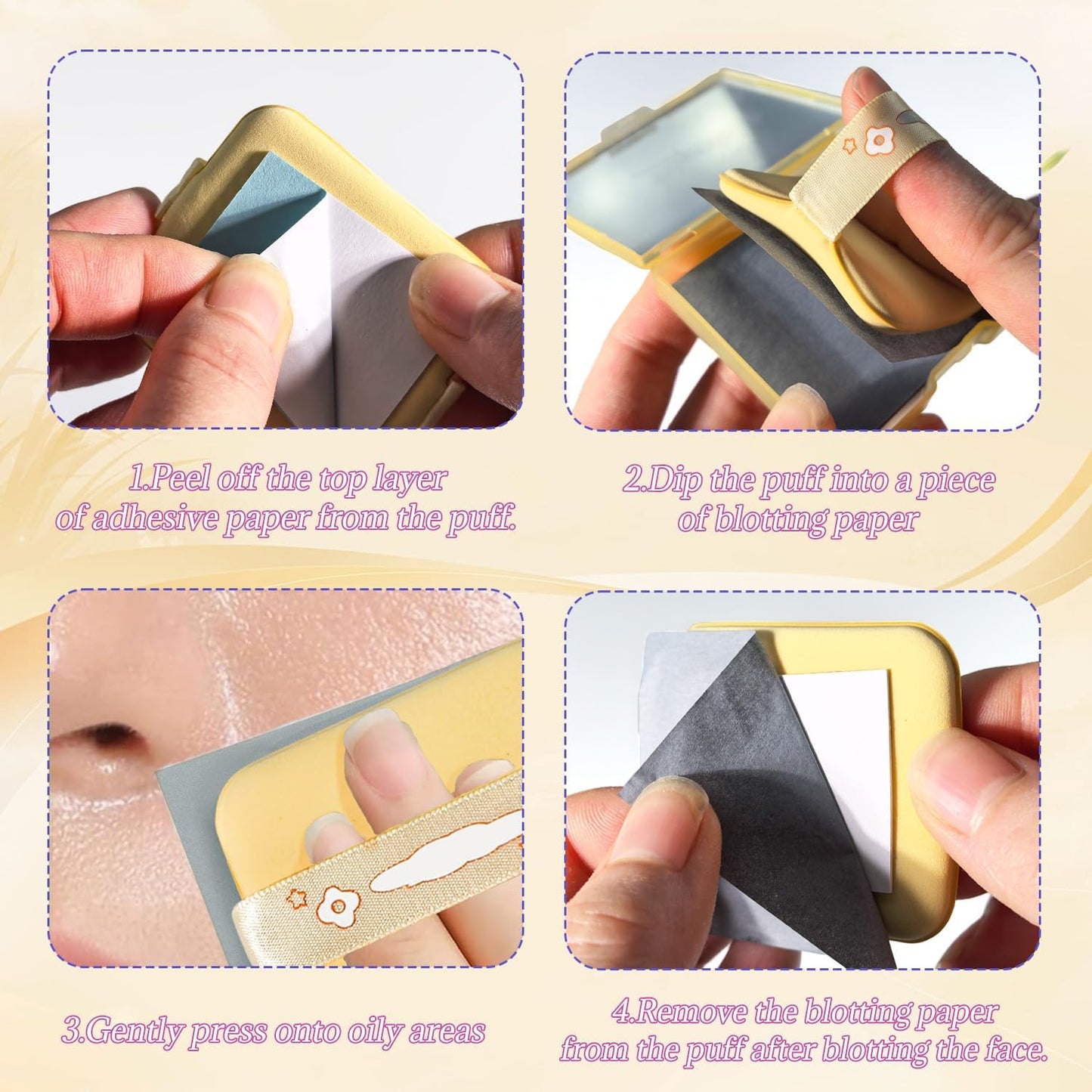 3-in-1 Oil Blotting Paper Set - 100 Sheets for Oily Skin | Portable Mirror & Adhesive Makeup Puff - Yellow