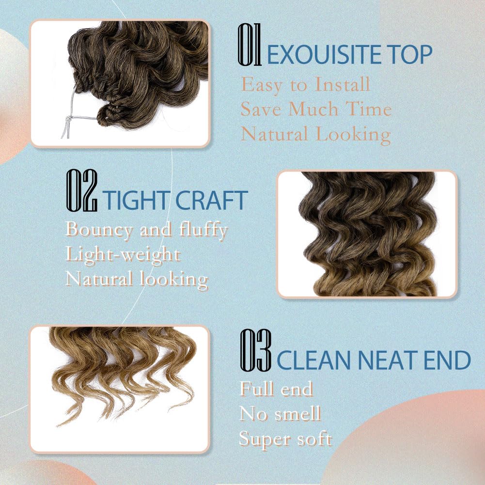 8 Packs Ocean Wave Crochet Hair for Women Short Water Wave Braiding Hair 14 Inch Curly Beach Curl Deep Twist Braids Synthetic Crochet Braids (14 Inch, T1B/27#)