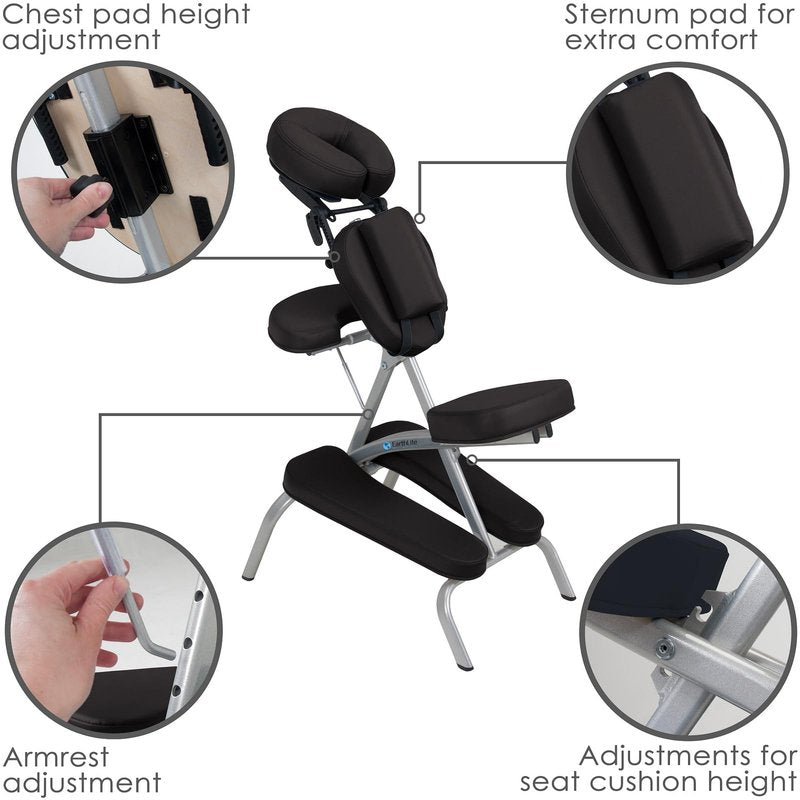 EarthLite Portable Massage Chair Package Vortex - Portable, Compact, Strong and Lightweight incl. Carry Case, Sternum Pad & Strap (15lbs), Black