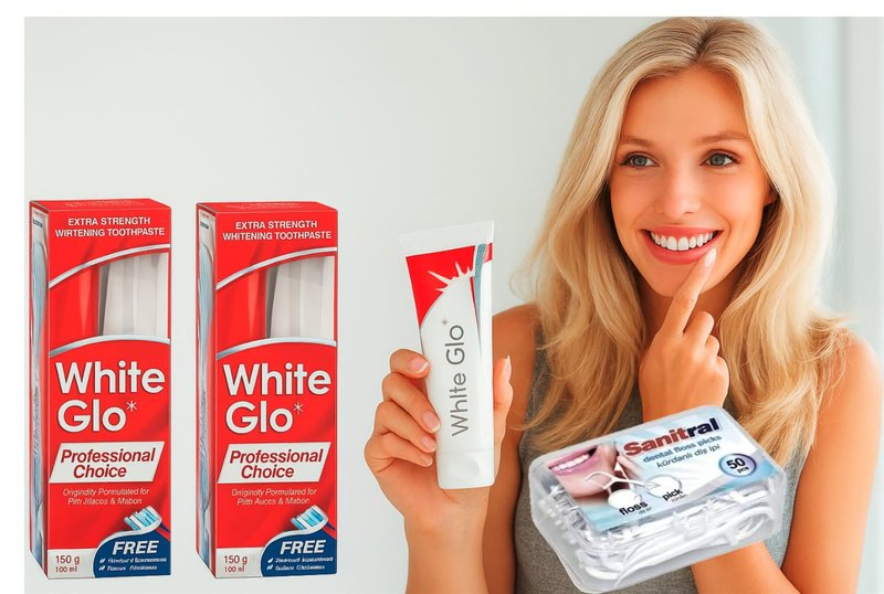 White Glo Extra Strength Whitening Toothpaste Professional Choice 100ml - 2 Packs with Sanitral 50 Pcs Dental Floss Stick Included as a Gift