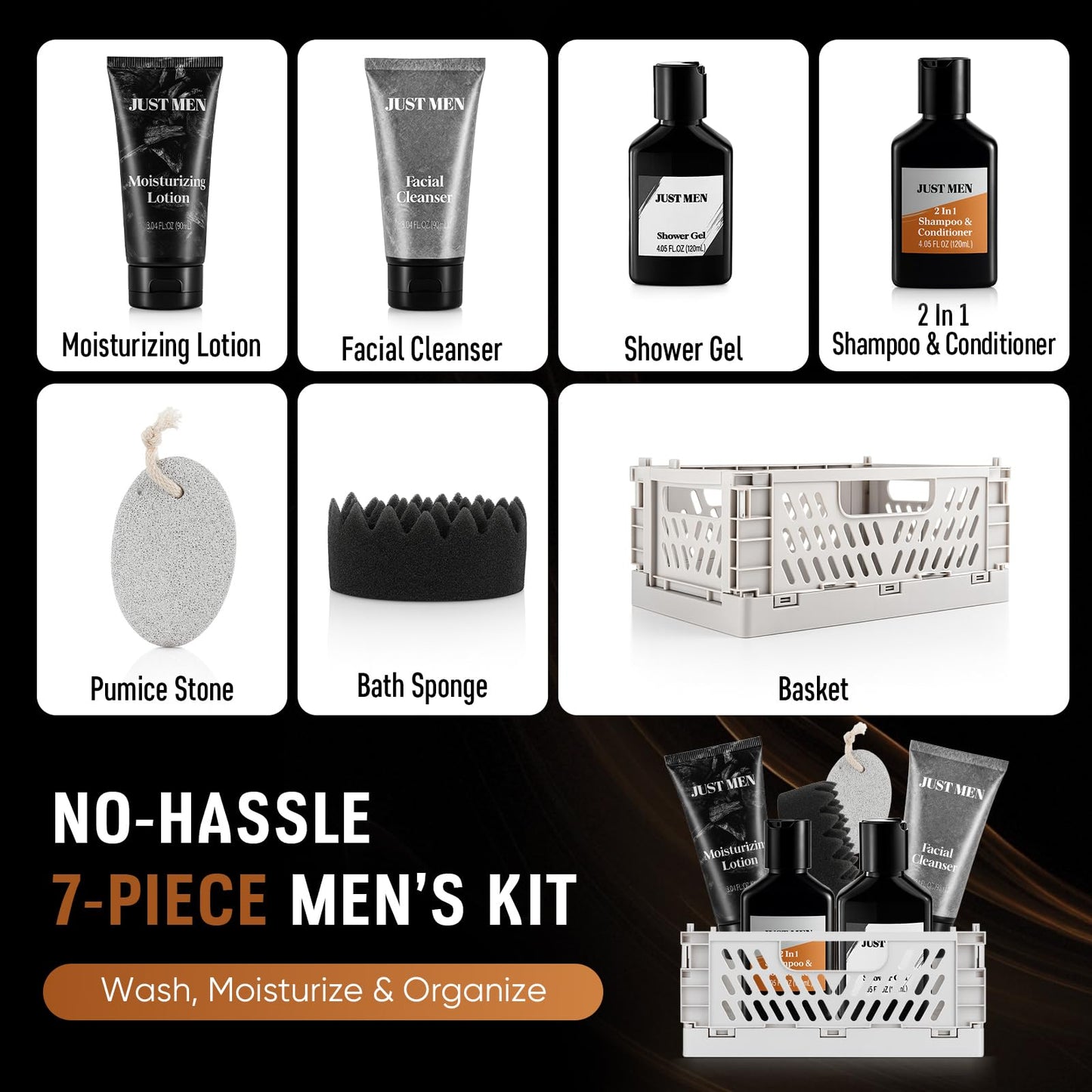 Gift Baskets for Men - 7 Pcs Mens Body Wash & Skin Care Kit | All-in-One Grooming & Bath Gift Set with Cedrus Atlantica Scent | Birthday Gifts for Men, Husband, Boyfriend, Brother, Father