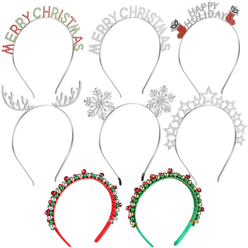 Ceenna 8 Pcs Christmas Headbands for Women Xmas Bell Hairband Rhinestone Reindeer Antler Snowflake Headband for Cosplay(Silver)