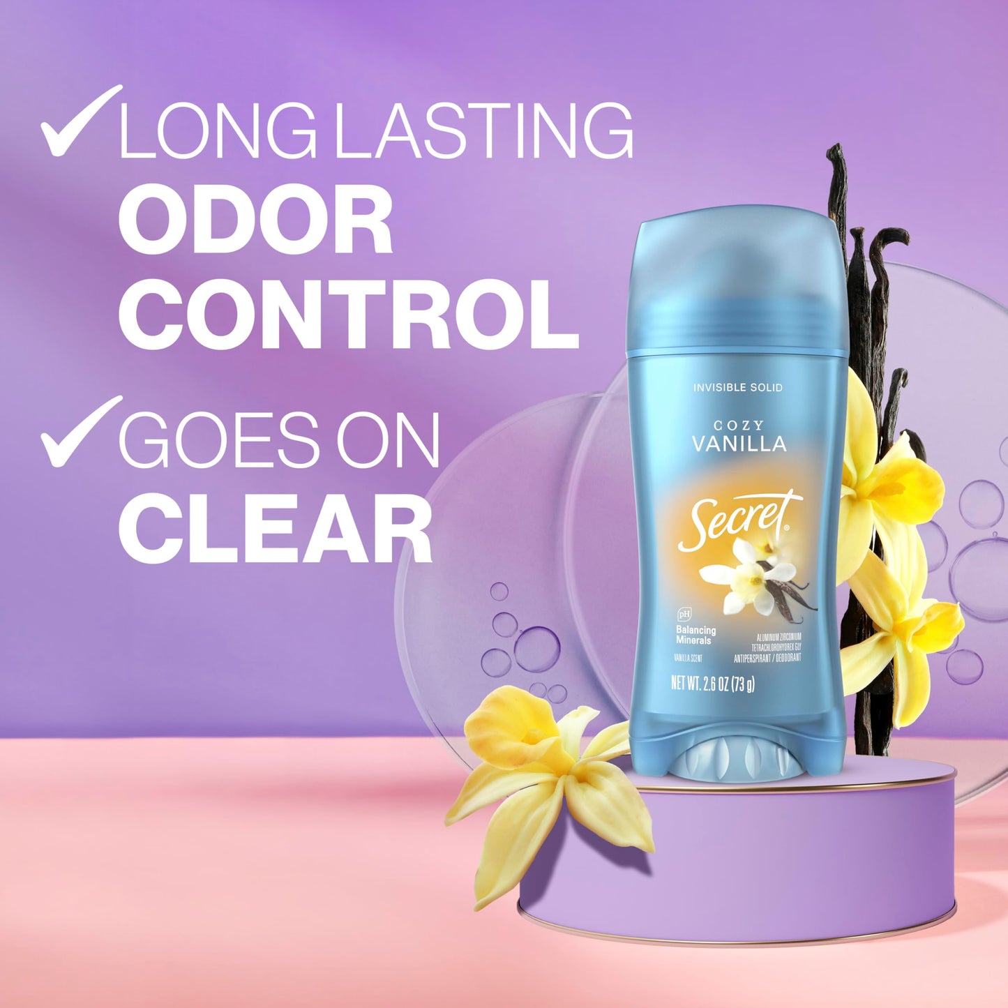 Secret Fresh Antiperspirant Deodorant for Women, 72hr Breathable Sweat & Odor Protection, Instant Freshness & Gentle, PH Balancing Minerals, Invisible Solid, Cozy Vanilla Scent, 2.6 oz (Pack of 3)