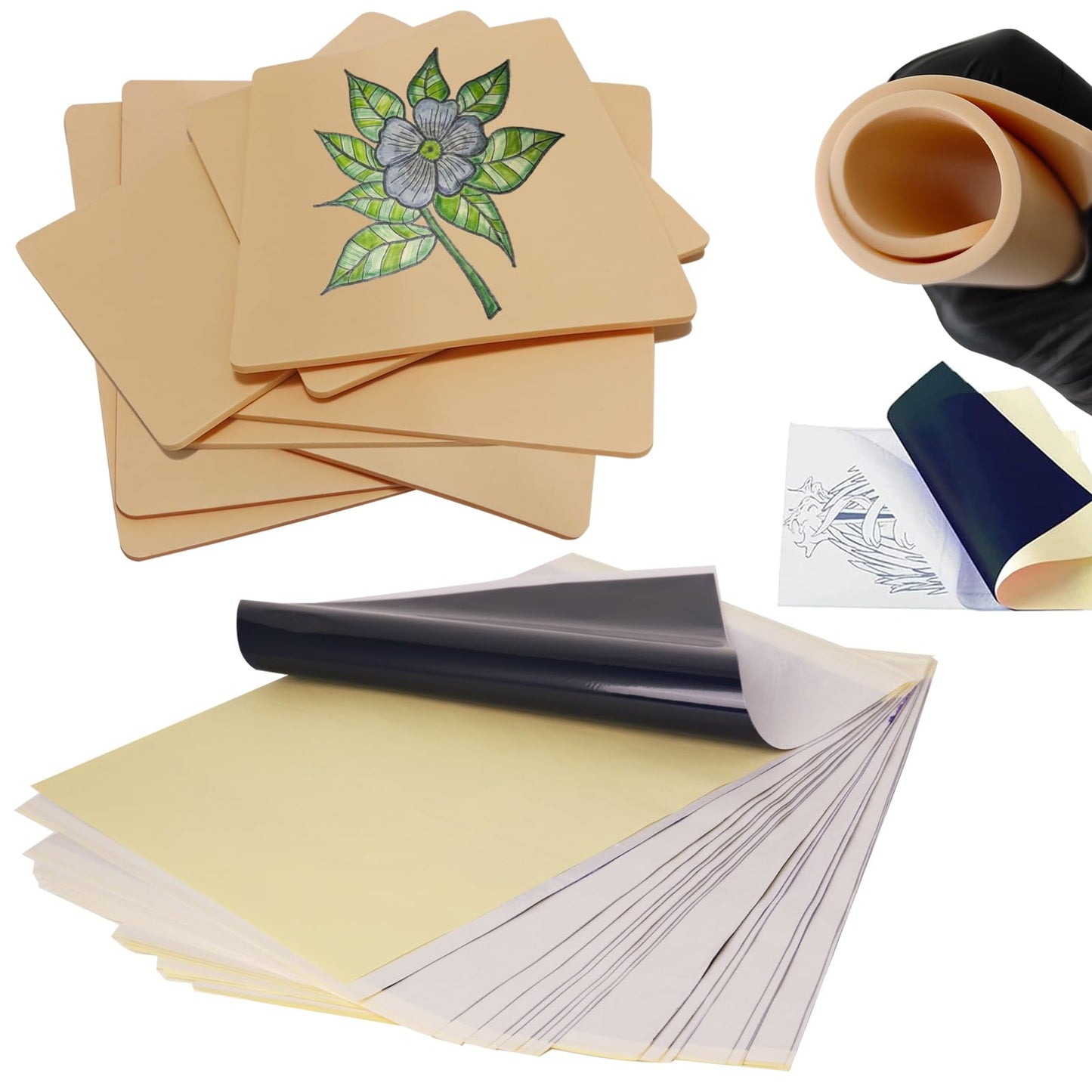 Narkysus 3MM Fake Skin with Transfer Paper, 30Pcs Tattoo Skin Practice Kit Including 10pcs 3mm Skin and 20pcs Stencil Paper for Beginners