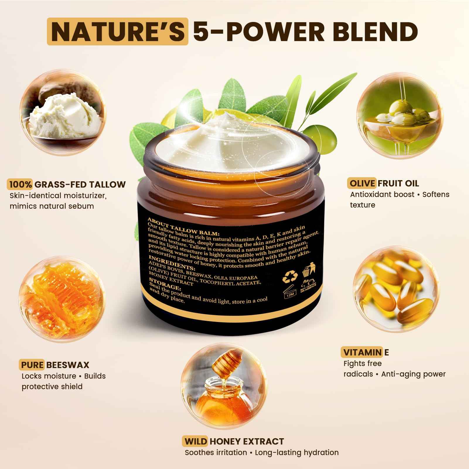 Koirerooy Beef Tallow for Skin, Organic Grass-Fed Beef Tallow and Honey Balm for Face, Natural Formula for Dry Skin (unscented) (2.0Fl Oz, Unscented)