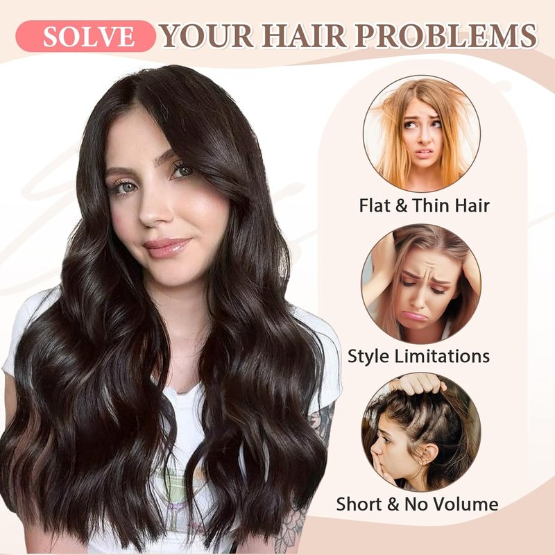 Clip-In Hair Extensions - 6 PCS Natural Soft Dark Brown Wavy Hairpieces | 20 Inch Length