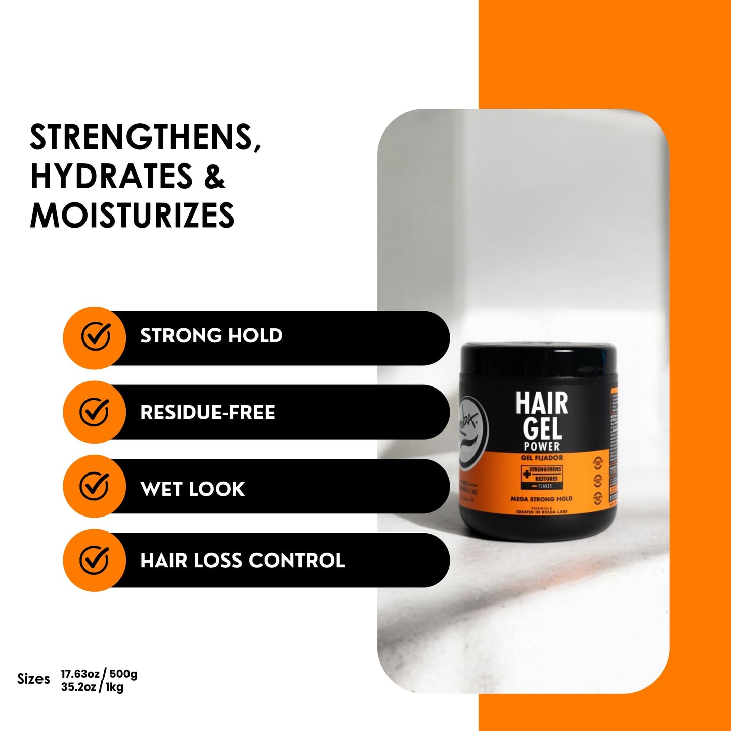 Rolda Power Strong Hold Hair Gel for Men - Styling Gel Formula for Wet Look - High Shine, Strengthening & Hair Loss Control - Alcohol & Residue Free (35.2 oz)