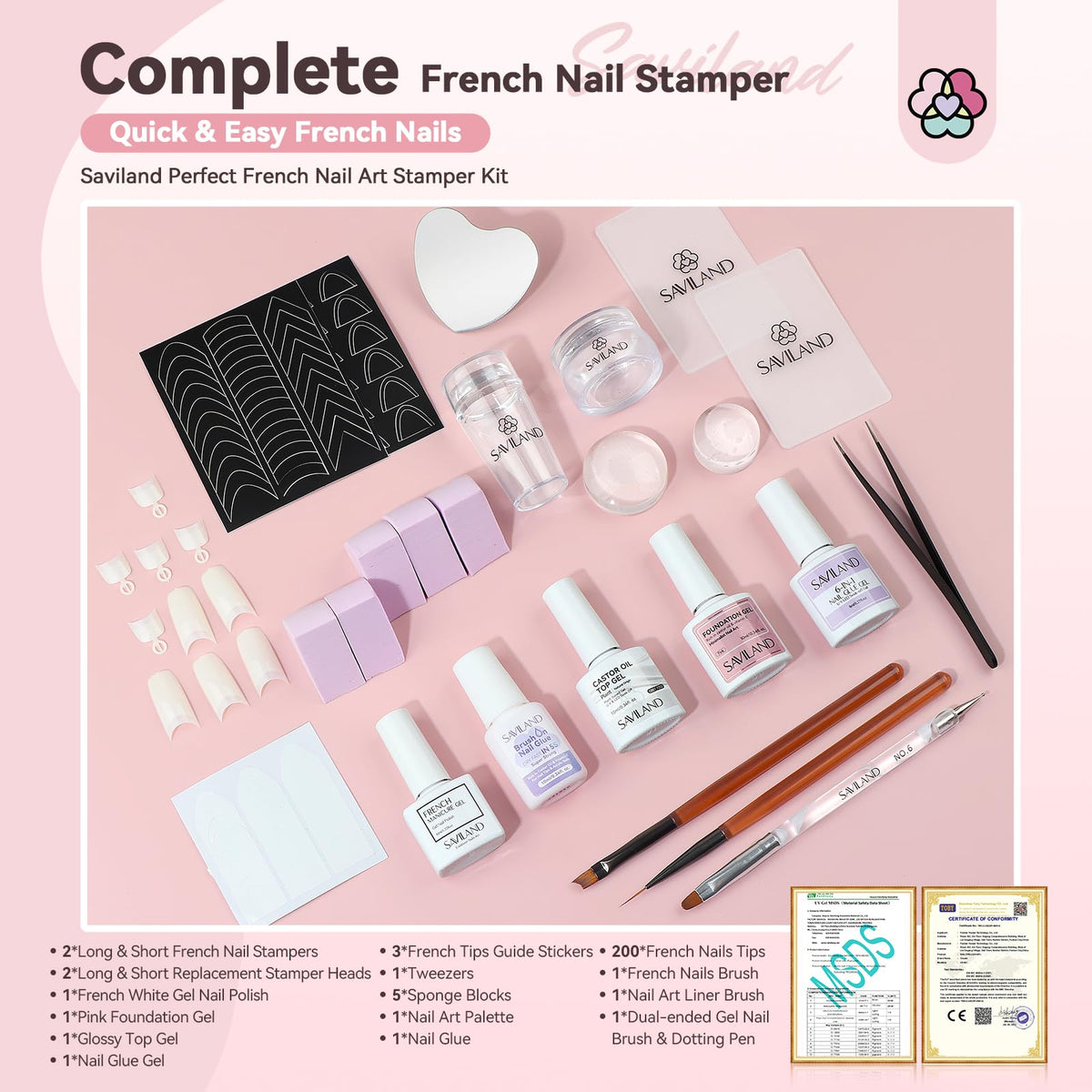 Saviland French Manicure Kit with Everything: Silicone French Tip Nail Stamp French Nails for Beginners Easy French Nails Brush Tips Guide Stickers Fast French Tip Tool Acrylic Nail Kit