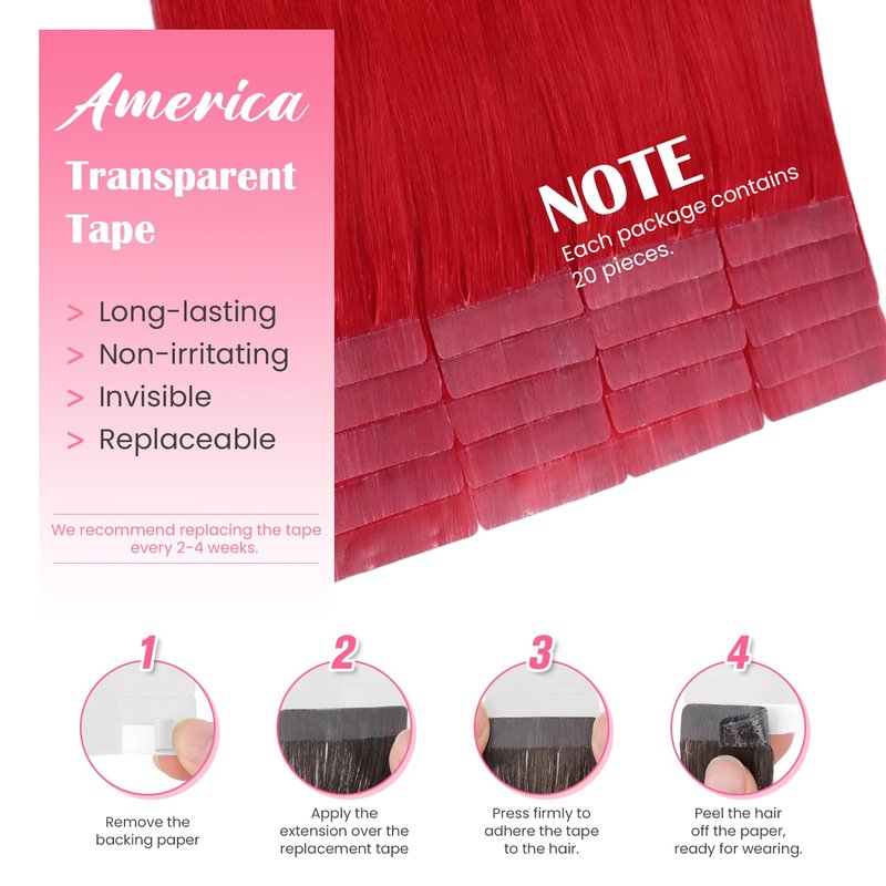 Aison Red Tape in Hair Extensions Human Hair Remy Human Hair Extensions Silky Straight for Women 20 Pcs/Package 18 Inch 40G 100%