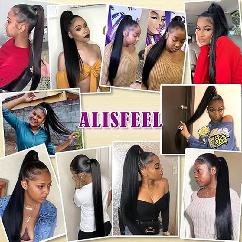 10A Grade Human Hair Ponytail Clip In Extensions 1 Piece, 100% Unprocessed Real Brazilian Hair Pony tail Hairpiece Braids Hair Extensions (28 Inch, Straight, Wrap Drawstring)