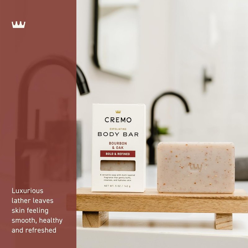Cremo Exfoliating Body Bar for Men - Bourbon & Oak Scent | Hydrating 5oz Bar for Buffing & Cleansing Skin