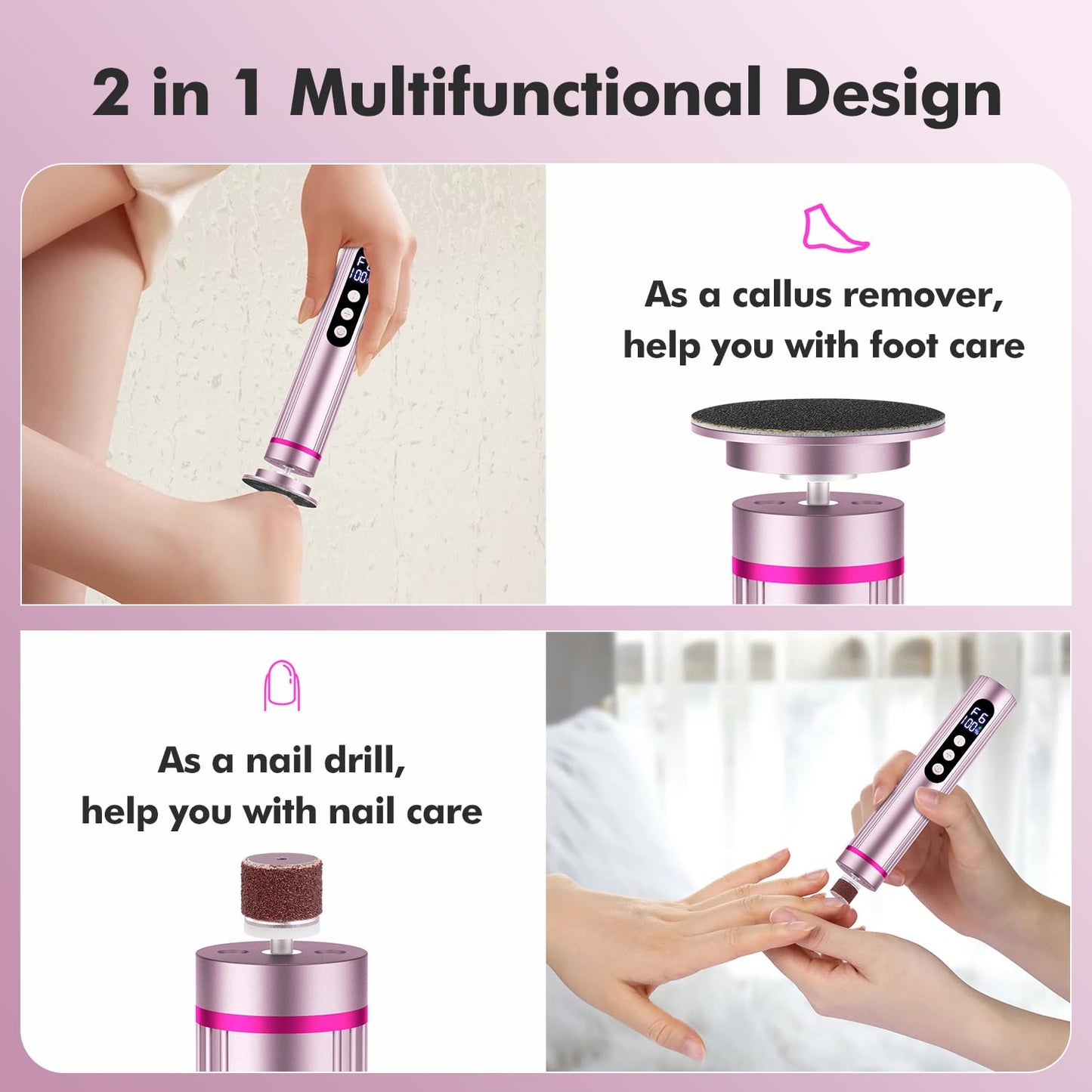 2-in-1 Electric Foot Callus Remover & Nail File, 13000 RPM Rechargeable Foot Care Tool with 9 Speed, Cordless Pedicure Device for Dead Skin & Calluses, Valentine's Day & Women's Day Gift for Her