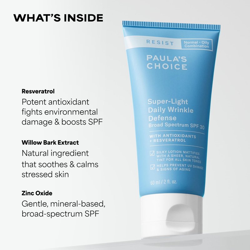 Paula's Choice RESIST Super-Light Daily Wrinkle Defense Mineral Sunscreen, SPF 30 Face Sunscreen for Oily Skin, Matte Tinted Face Moisturizer, UVA/UVB Protection, Fragrance-Free, 2 Fl Oz