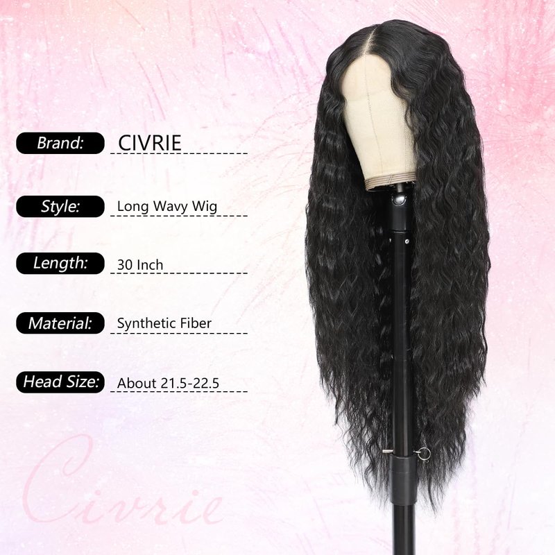 Civrie 30 Inch Long Curly Synthetic Hair Wigs for Balck Women,13x4x1 Deep Water Wave Lace Front Wig,Simulated Scalp Natural Loose Deep Wave Crimps Curly Wig As Hair Replacement Wigs