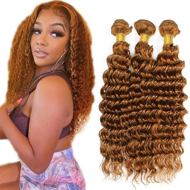 Deep Wave Human Hair Bundles Light Brown 16 18 20 Inch Color #30 Brown Bundles Human Hair Unprocessed Native Virgin Hair 100/PC 3 Extensions Wet and Wavy Human Hair Extensions for Women