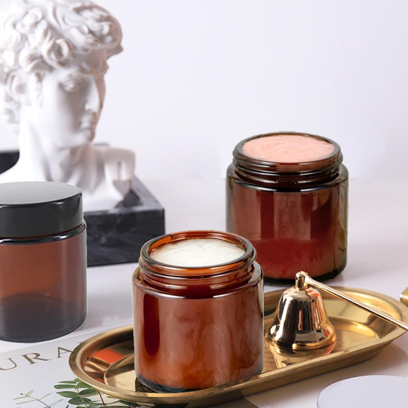 BPFY 12 Pack 4 oz Round Amber Glass Cosmetic Jars with Inner Liners, Black Lids, Spatula, Chalk Labels, Pen, Candle Holder, Refillable Containers for Makeup, Cream, Sugar Scrubs, Bath Salts