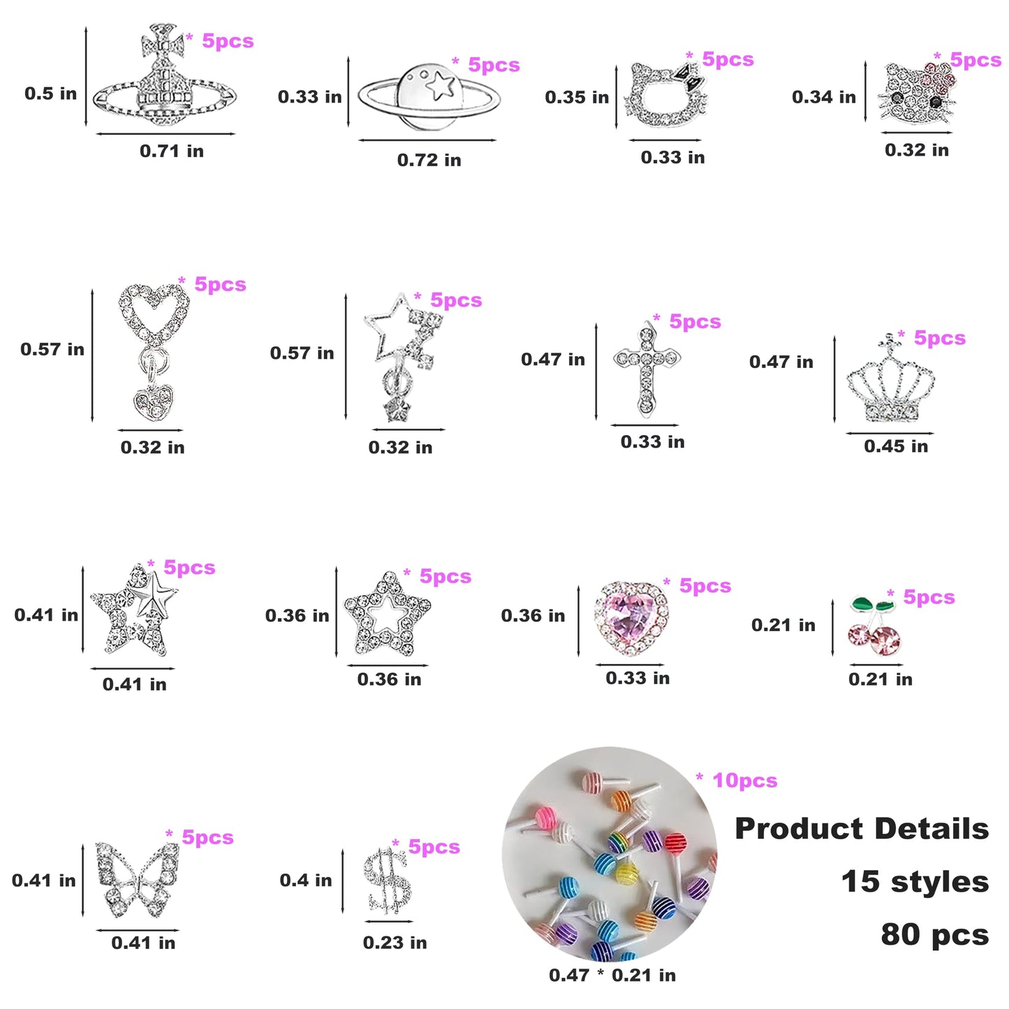 ZAKCBEAUR 80Pcs Silver Nail Charms Set with Pink Hearts，Crosses, Stars,Butterflies, Dollars, Cherries, Crowns,Lollipop Y2k Nail Gems for Women Girls Nail Decorations DIY Craft