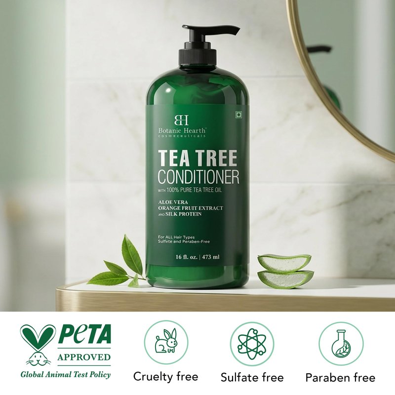 Botanic Hearth Tea Tree Conditioner | For All Hair Types | Fights Dandruff & Dry Scalp | With Vitamin C, Peppermint Oil, Rosemary & Lavender Oil | Sulphate & Paraben Free | 16 Fl Oz