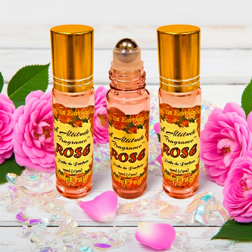 ROSE Perfume Oil - All-Natural Essential Oil Fragrance - Huile de Parfum - Bulgarian Damask Rosa Damascena Petals Otto,Tea Rose, De Mai - Roll On Roller Ball - Party Travel Guest Favors Gifts - 10mlx3