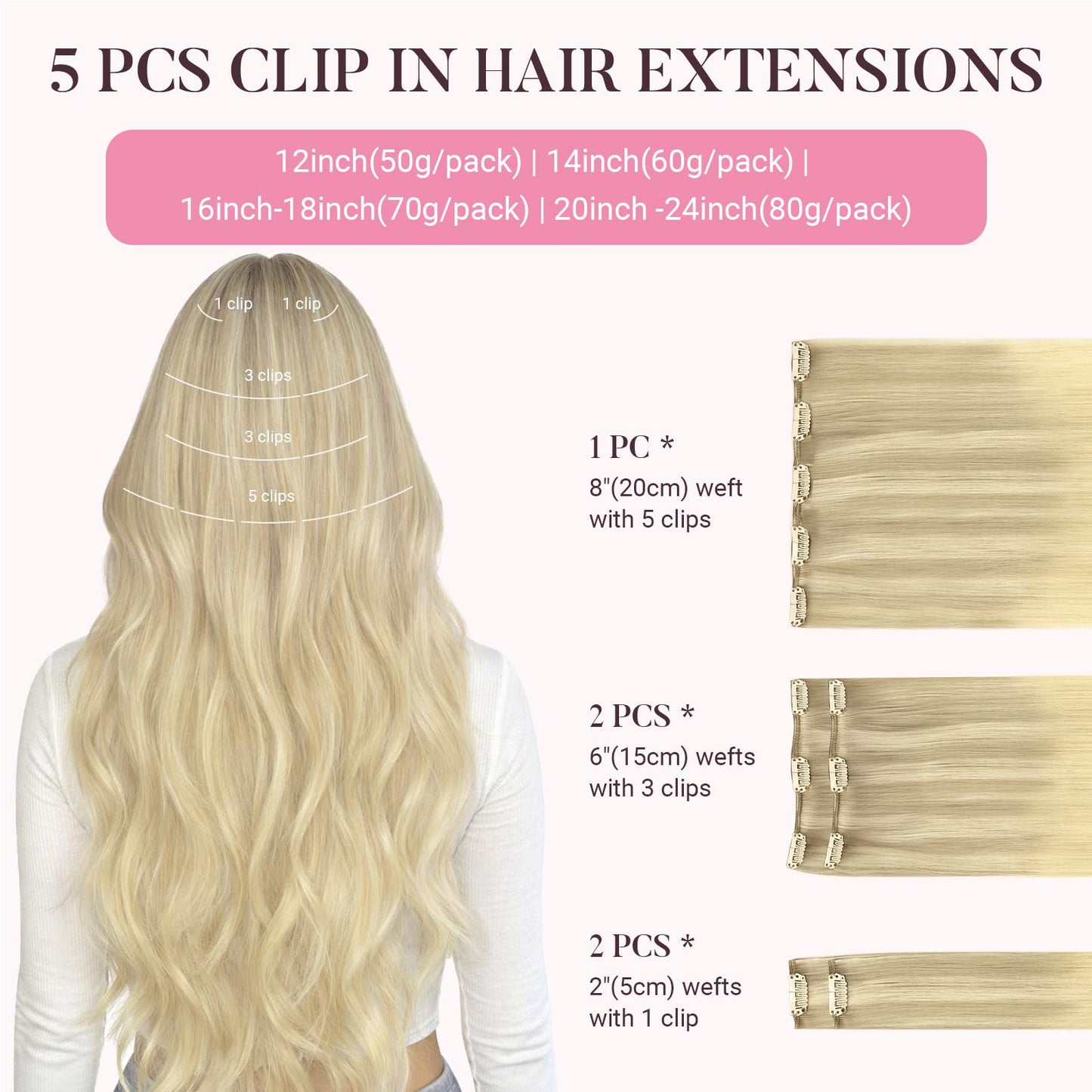 MAXITA Clip in Hair Extensions Real Human Hair,Remy Hair Extensions Clip ins Double Weft for Women,Natural Real Human Hair,14Inch 60g 5Pcs,Ash Blonde Highlighted Platinum Blonde