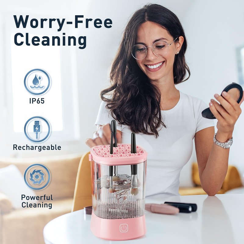 Electric Makeup Brush Cleaner - 9000 RPM Makeup Brush Cleaning Machine, IP65 Waterproof Automatic Makeup Brush Cleaner for Makeup Sponges and Brushes(Pink)