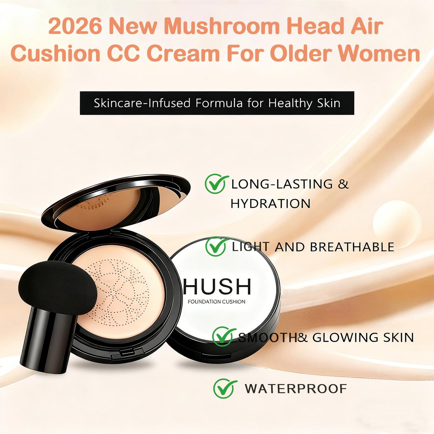 Hush Mekeup Foundation for Older Women, Warm Tone Mushroom Head Air Cushion CC Cream BB Foundation Makeup Moisturizing & Long-Lasting Full Coverage Makeup Concealer for Light to Medium Complexions