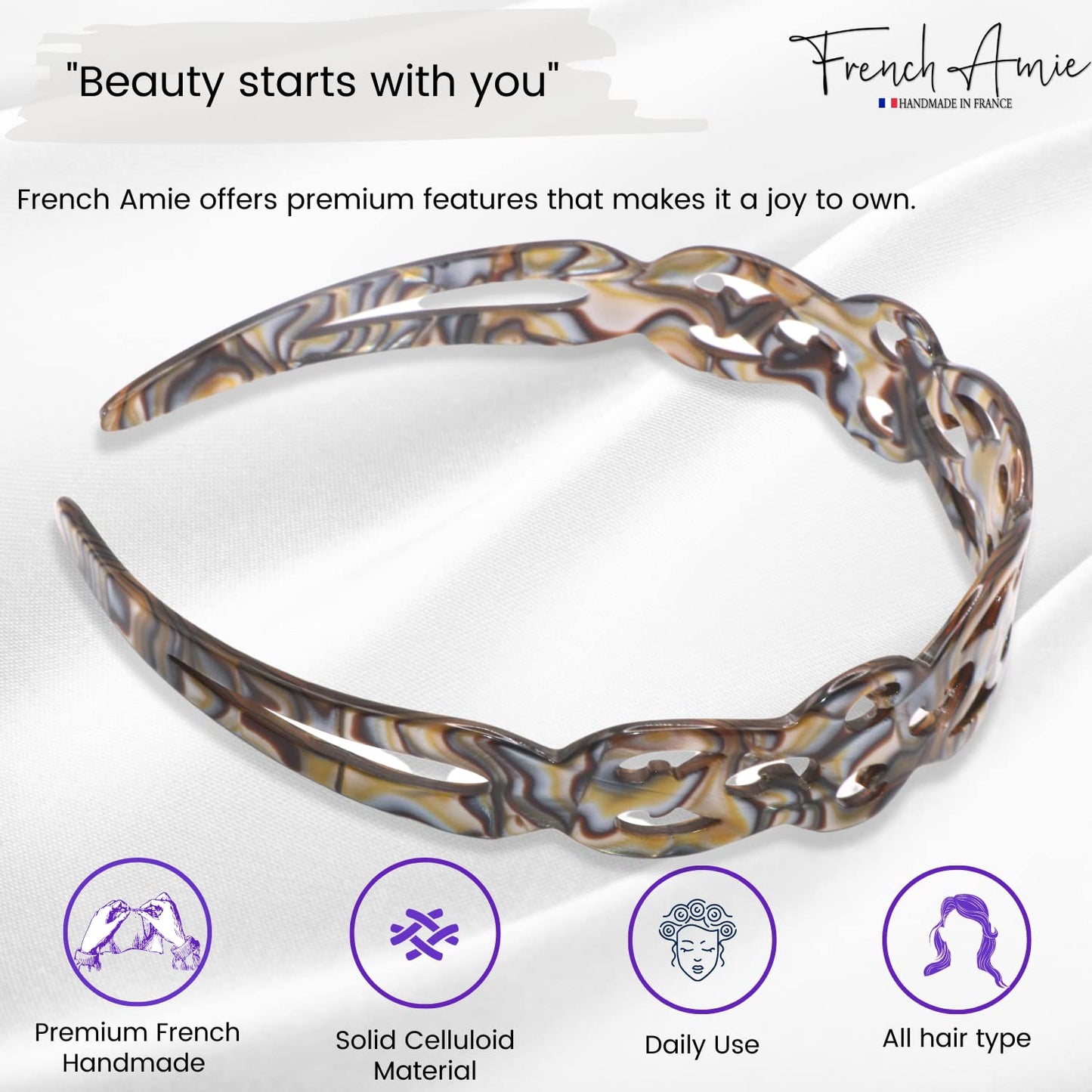French Amie Filigree Wide 1" Celluloid Acetate Handmade Head bands Fashion Flexible Non Slip Durable Styling Women Hair Accessories, Made in France (Silver Onyx Gray)