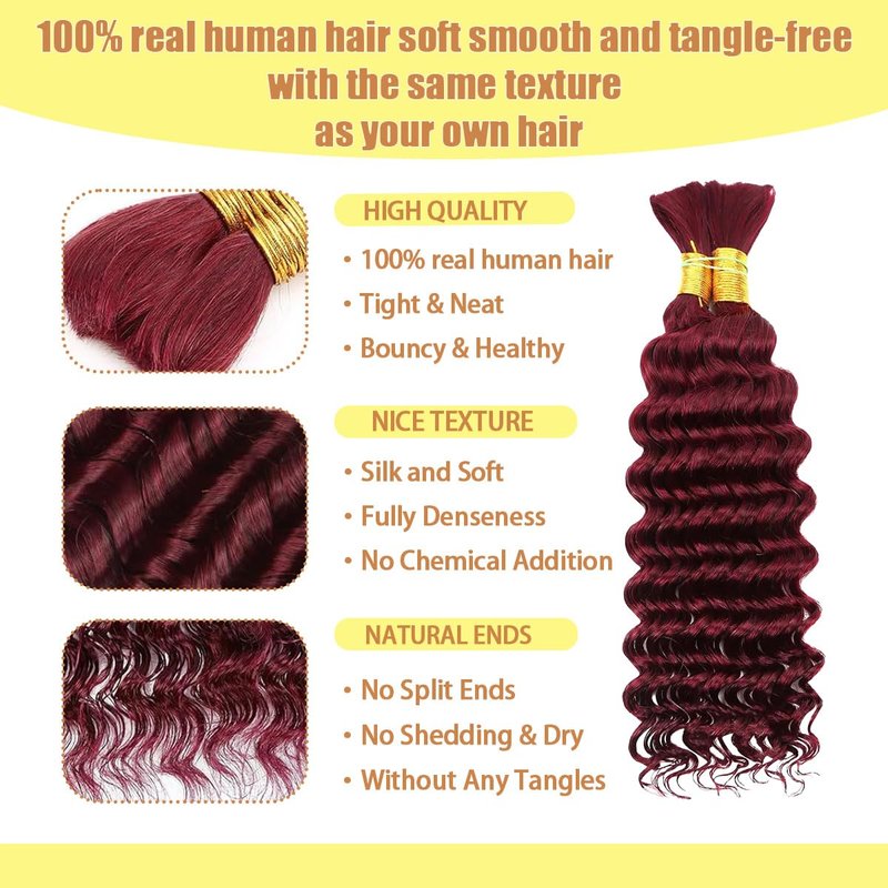 Human Braiding Hair for Boho Braids 18 Inch 110g 2 Bundles/Pack Deep Wave 12A Curly Brazilian Virgin Hair Extensions No Weft Knotless Bulk 1B Black (Deep Wave - 99j, 18 Inch - 110g)