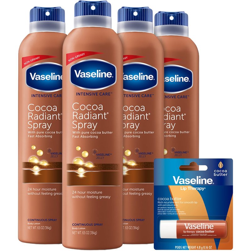 Vaseline Cocoa Radiant Spray 4-Pack + Cocoa Butter Lip Therapy Stick for Soft, Smooth Skin & Lips