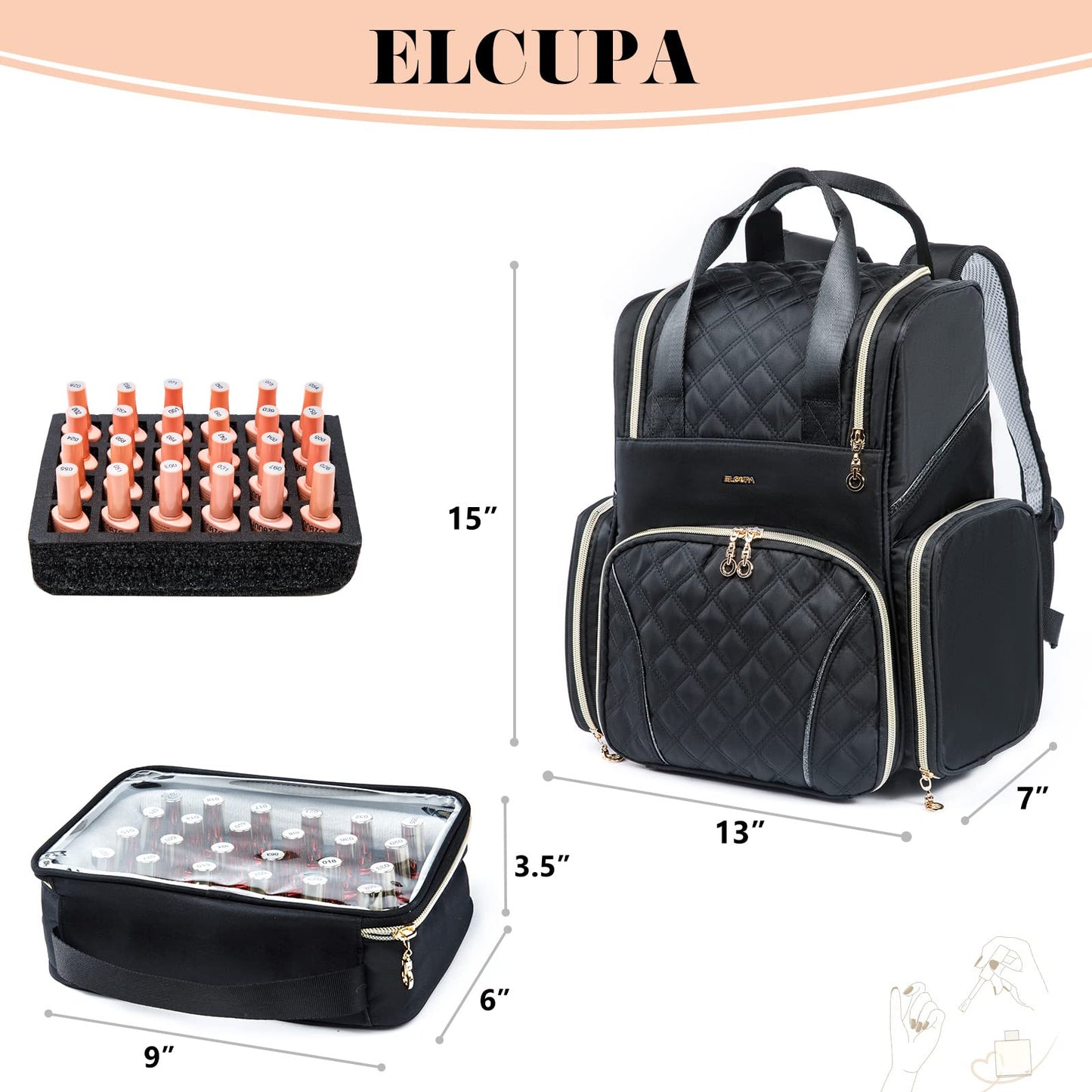 ELCUPA Nail Polish Organizer Backpack Holds 48 Bottles (0.5 Fl Oz) and a Nail Dryer, Nail Polish Storage Bag With 2 Removable Boxes for Nail Suppliers,Nail Kit, Gel Polish