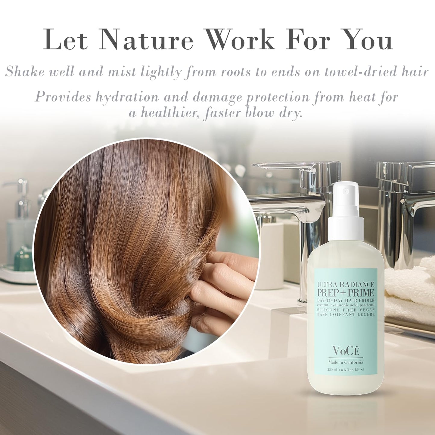 Vegan Hair Prep & Prime Spray - Shine, Style Retention & Heat Protection | Anti-Frizz, Nourishing Formula (8.5oz | 250ml)