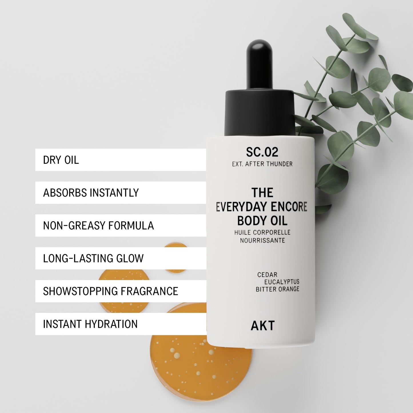 AKT Everyday Encore Body Oil 3.4 Fl Oz, SC.02 After Thunder Scent, Dry Body Oil After Shower, Skin Moisturizer, Fast Absorbing, Lasting Glow, Cedar Fragrance, Non-Greasy, All Genders Skincare