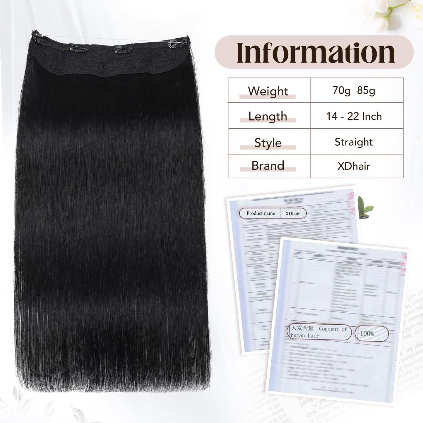 XDhair Hair Extensions Wire Human Hair 70g 14 Inch Hairpieces Jet Black Invisible Wire Hair Extensions with Adjust Secure 4 Clips(#1-14inch)
