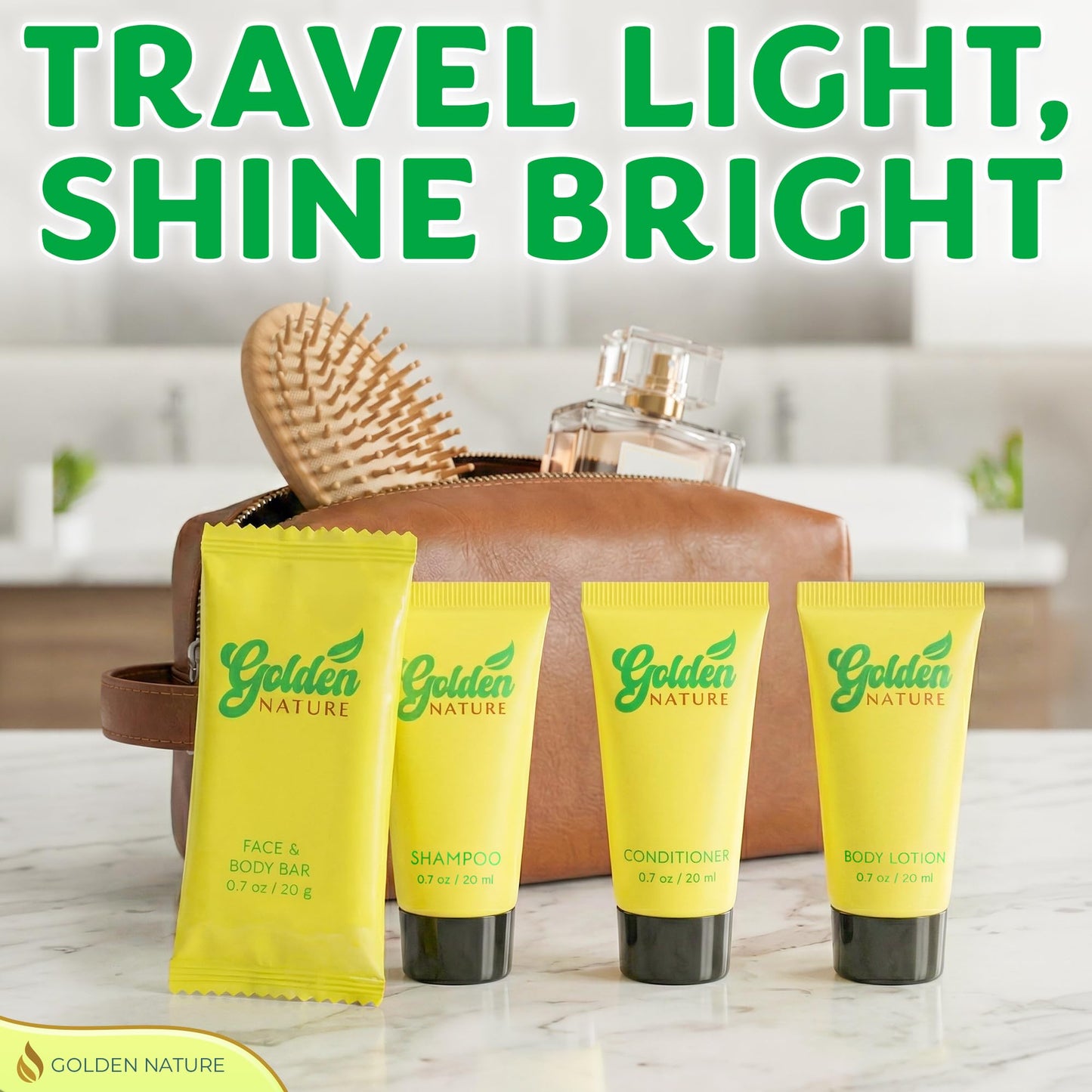 Golden Nature - Travel Size Hotel Toiletries Bundle - Jasmine, 0.7 oz each, 200 Pcs - 4-Piece Set: 50 Rectangular Bar Soap, 50 Shampoo, 50 Conditioner & 50 Body Lotion - Bulk Small Toiletries