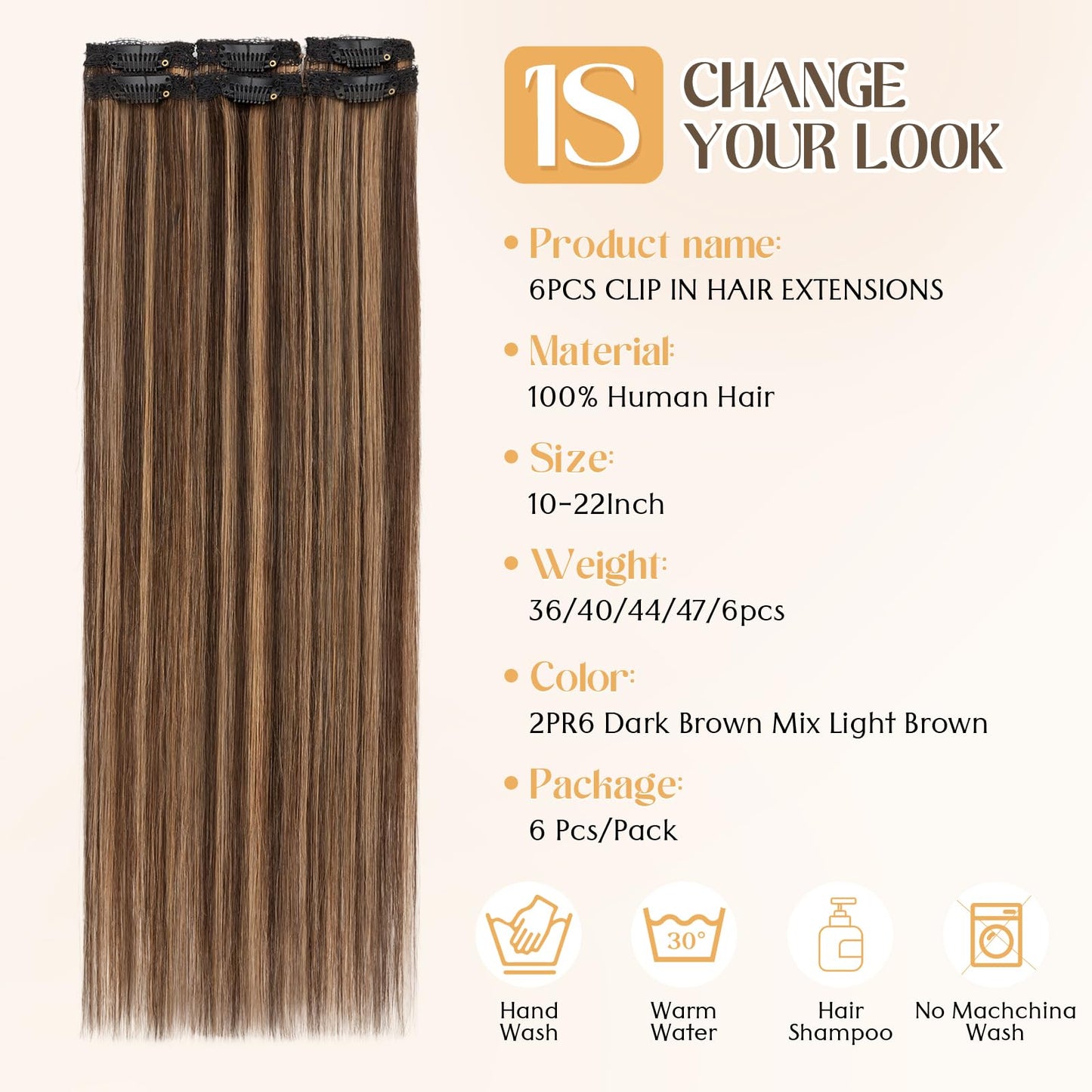S-noilite 6Pcs Clip in Human Hair Extensions,Remy Single Short Clip in Hair Extensions 6Pcs 6clips Straight Seamless Hairpieces for Women 14Inch 36g #2PR6