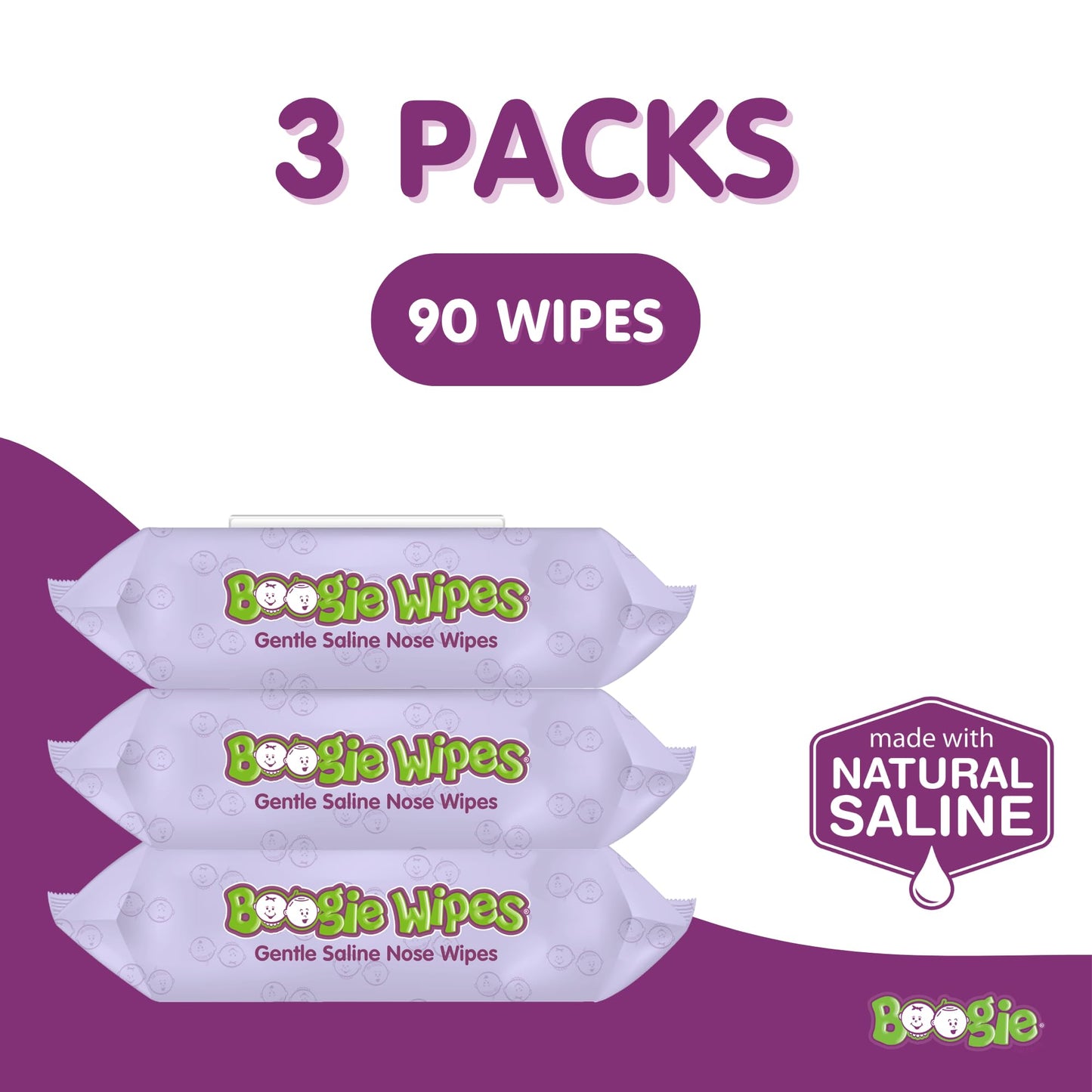 Boogie Wipes Saline Nose Wipes - 90 Count - Lavender Scent, Hypoallergenic & Alcohol-Free - Allergy Relief - Made with Natural Saline, Aloe, Chamomile & Vitamin E - Diaper Bag Essential