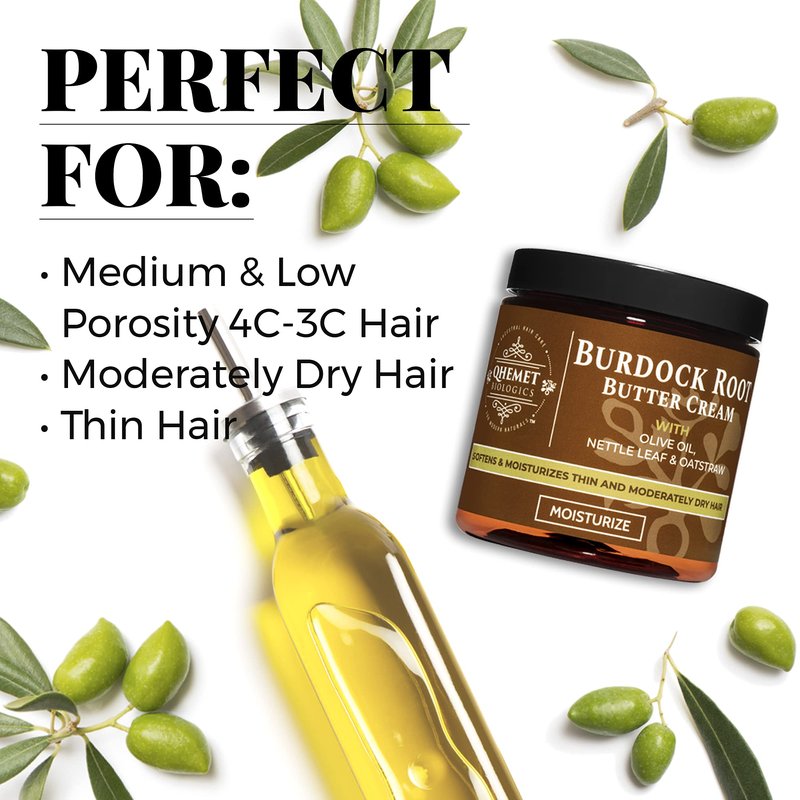 Qhemet Biologics Burdock Root Butter Cream - Leave-In Moisturizer for Low Porosity Hair - Helps Soften and Smooth Dry, Brittle Edges - Conditioning Botanicals to Nourish Scalp (8.5 oz)