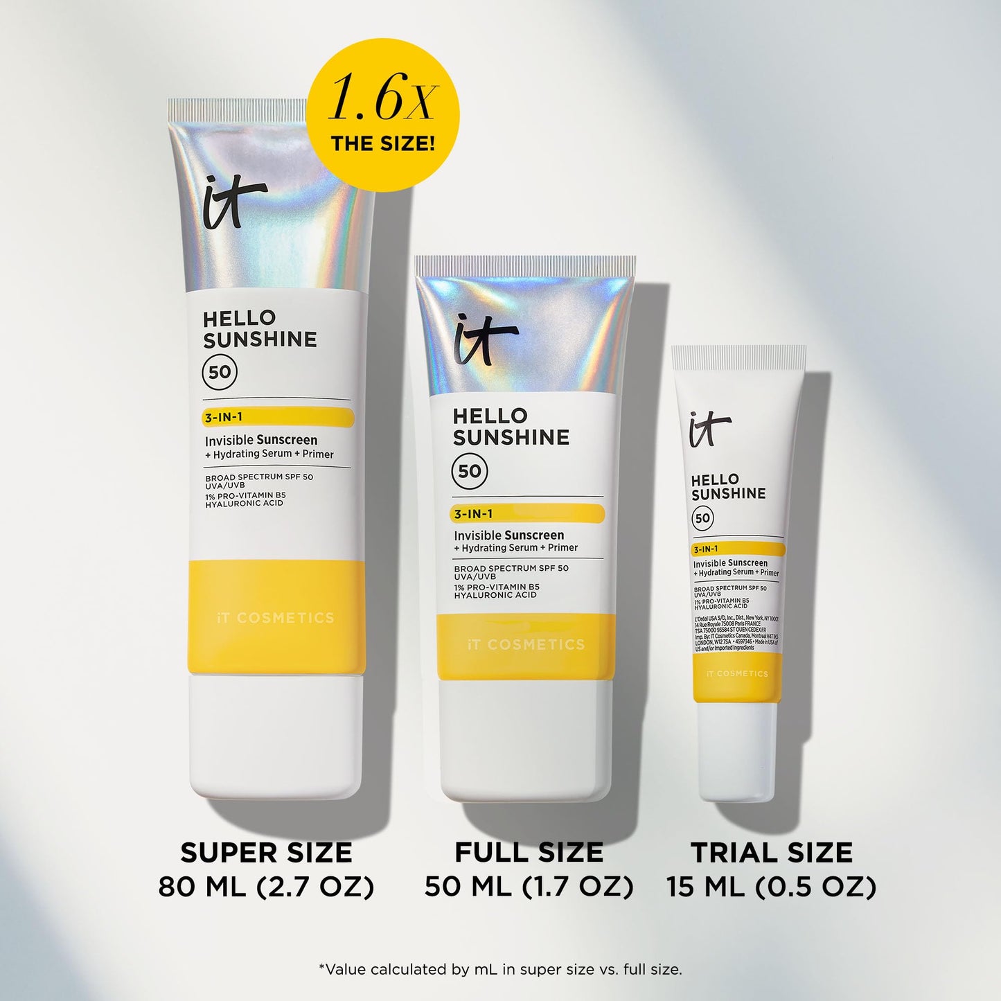 IT Cosmetics Hello Sunshine Invisible Sunscreen for Face SPF 50 - Sunscreen, Hydrating Serum & Makeup Primer - 1% Pro-Vitamin B5 & Hyaluronic Acid - HSA/FSA Eligible - No White Cast - 1.69 fl oz