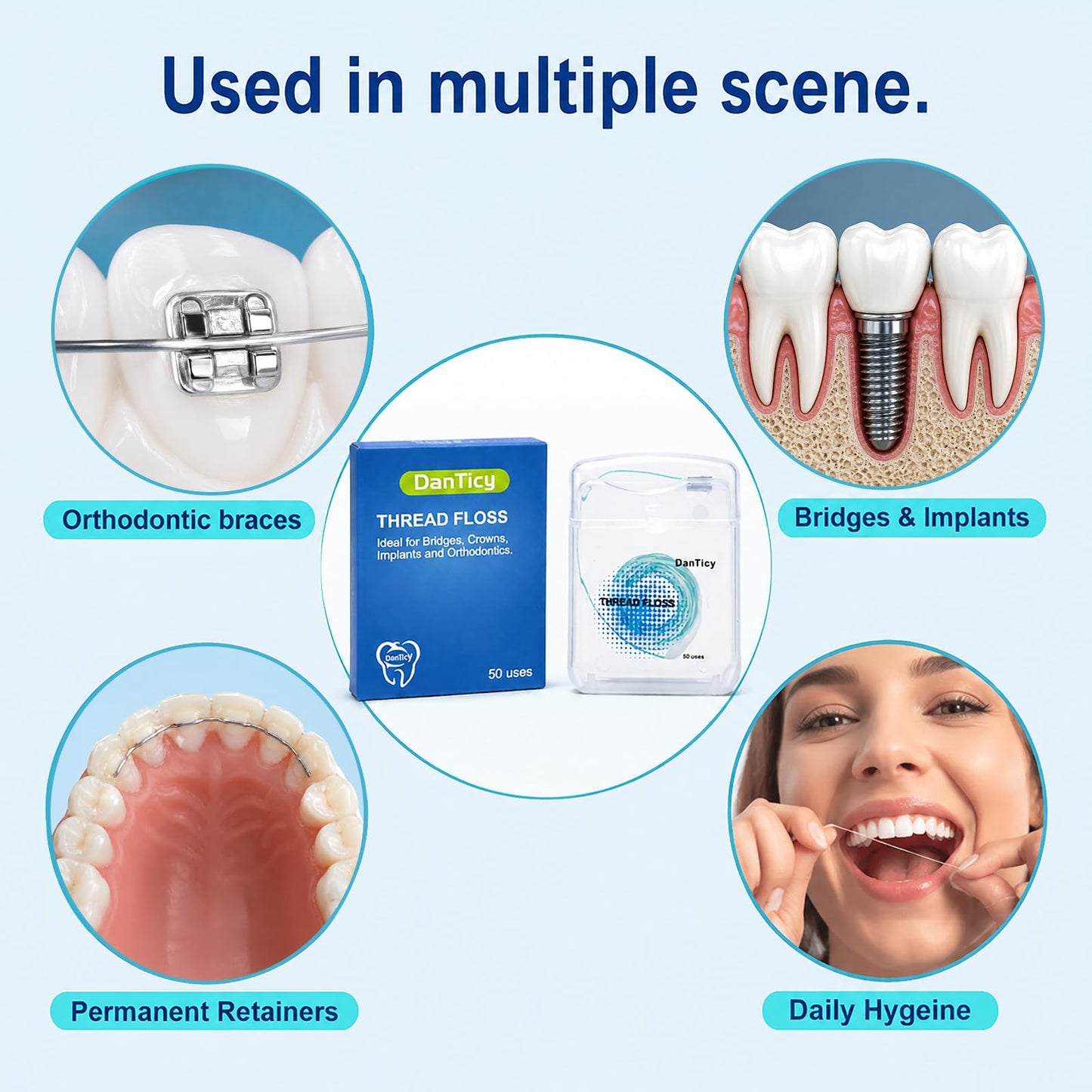 2-in-1 Threader Floss for Braces & Bridges, 100 Pre-Measured Expanding Strands, Stiffened Tip & Fluffy Tail Dental Floss for Deep Cleaning