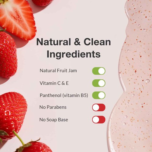 Kustie Strawberry Body Wash with Real Fruit Seeds – Gentle Exfoliating & Hydrating Shower Gel for Dry, Rough & Blemish-Prone Skin, Fruity Milk Perfume Scent, Natural Extracts, 16.9 fl oz