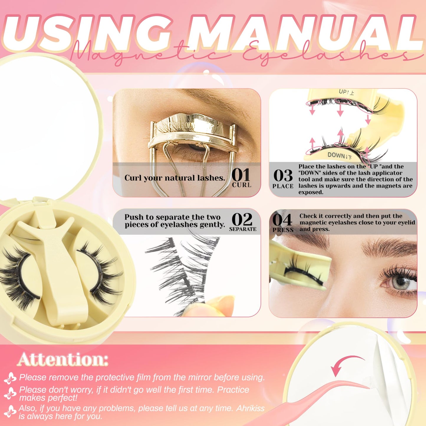 Ahrikiss Magnetic Eyelashes 1 Pair Reusable Magnetic Lashes with Applicator Manga Lashes Natural Look No Glue Needed Lash Kit Wispy Anime False Eyelashes with Magnets (M01)