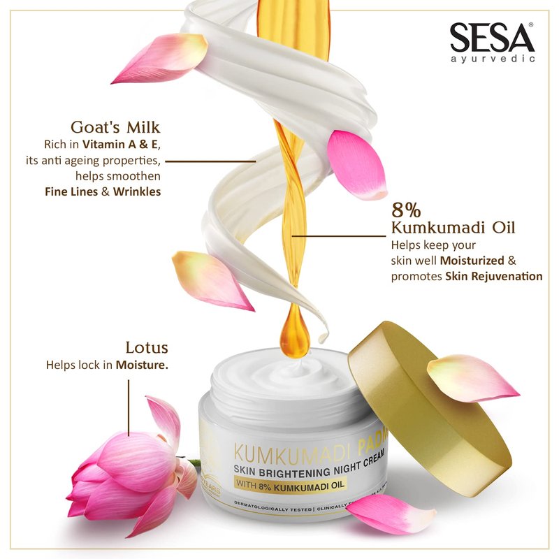 Kumkumadi Padma Night Cream - Skin Brightening, Anti-Aging Formula | Reduces Fine Lines & Wrinkles | 50g (1.69 Oz)