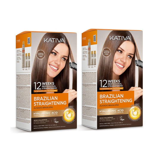 Kativa Brazilian Straightening Kit, 12 Weeks of Home Use Professional Straightening, with Organic Argan Oil, Shea Butter, Keratin & Amino Acids, for Straighter, Softer and Shinier Hair, All Hair Types – Pack of 2