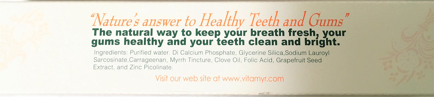 VITA-MYR Value Package 1 – 1 Tube Original 4 Oz Zinc+ Natural Toothpaste & 1-16 Oz Natural Mouthwash. Gluten Free. Vegan, No SLS, No Sugar, Fluoride, Alcohol or Saccharin.