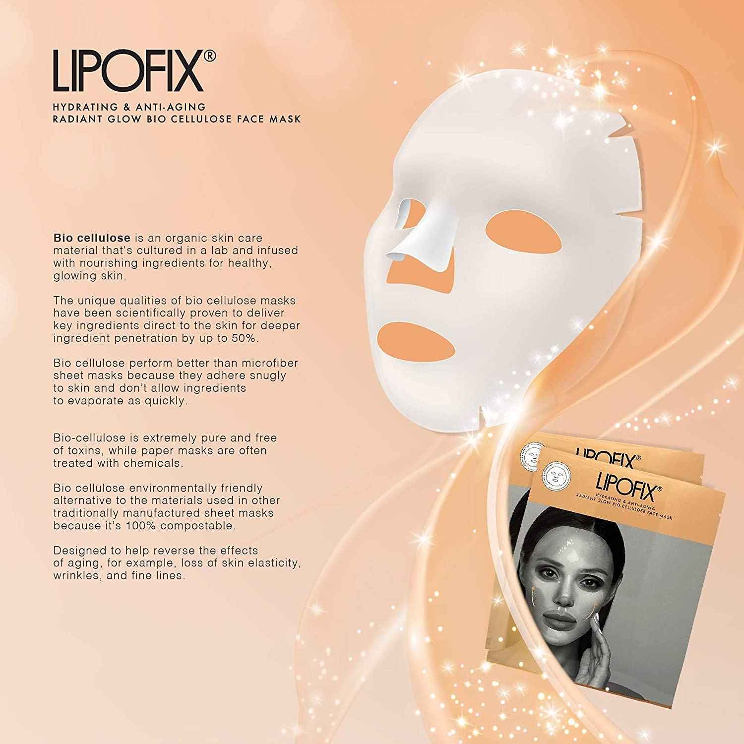 LIPOFIX Anti Aging Lifting Hydrating Facial Bio Cellulose Face Mask Sheet For Fine Line Reducing And Skin Radiance. Made in Korea 5 Masks