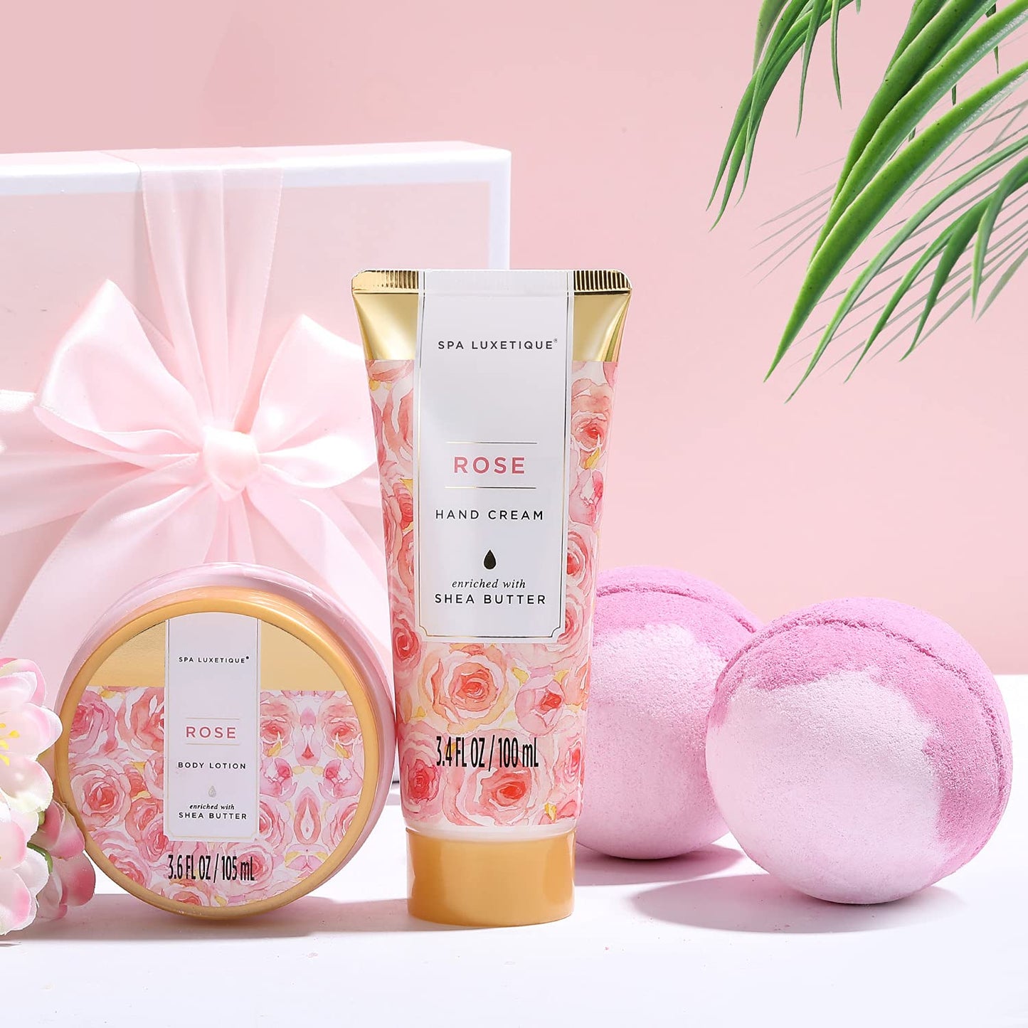 Spa Luxetique Spa Gift Baskets for Women, 12 Pcs Rose Presents Set with Bubble Bath, Bath Bombs, Body Lotion, Hand Cream, Christmas Gift Basket for Mom
